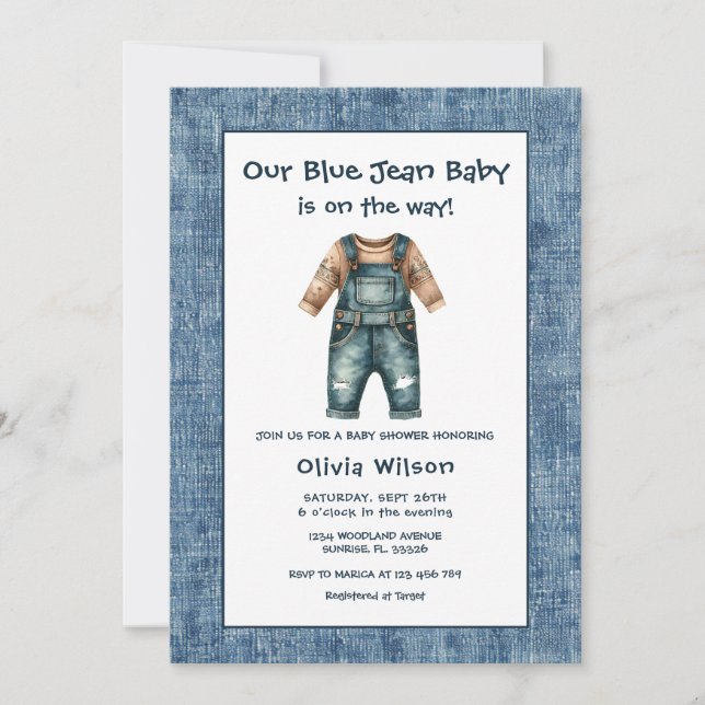 Rustik blå jeans pojke baby shower inbjudningar (Framsida)