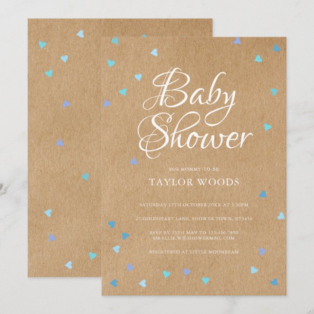 Rustik blå kärlekshjärta Baby Boy Shower/Sprinkle Inbjudningar (Fram/baksida)