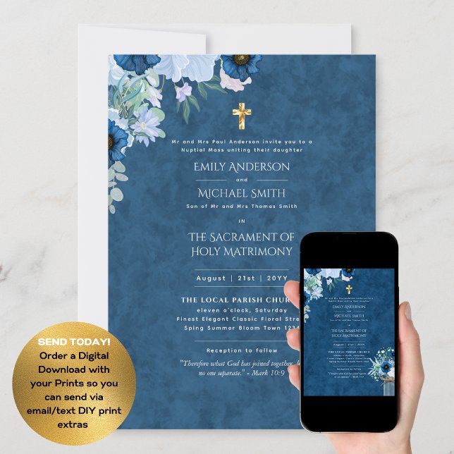 Rustik, blå katolsk, nuptialmassa Bröllop Inbjudningar (Skapare uppladdad)