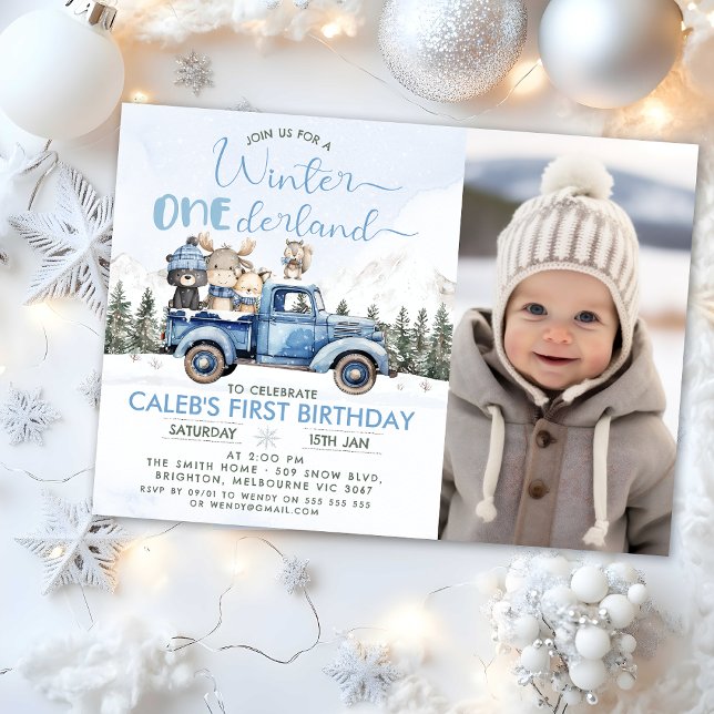 Rustik Blå Lastbil Vinter Onederland 1-årsdag Inbjudningar (Winter Onederland Birthday Invitation, Winter Onederland - 1st Birthday Invitation Template, Blue)