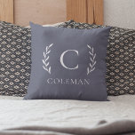 Rustik blå monogram initial bokstav inomhus utomhu kudde<br><div class="desc">Denna rustika design visar en monograminitial i hjärtat av ett lövigt grenmotiv mot en blågrå bakgrund. Det chic och eleganta lövmönstret är idealiskt för att förhöja inredningen i ditt sovrum, vardagsrum, uterum eller uteplats. Anpassa denna klassiska bondgårdskudde med din familjs monograminitial för att skapa din egen unika personliga familjekudde. Det...</div>