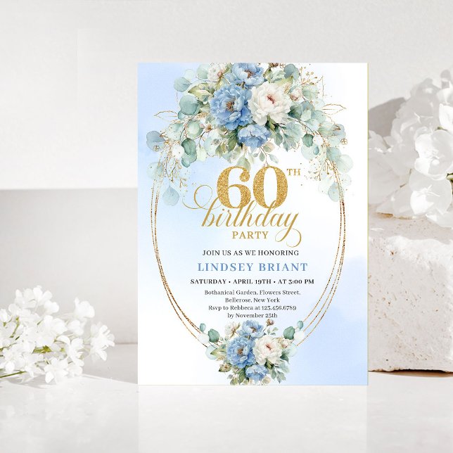 Rustik blå och guld 60-års födelsedagsinbjudan inbjudningar (Rustic Blue and Gold 60th Birthday Invitation)