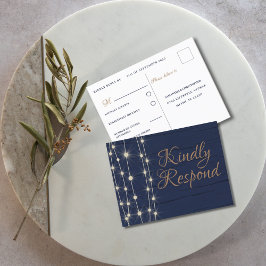 Rustik Blå och Guld Bröllops RSVP Inbjudan Vykort