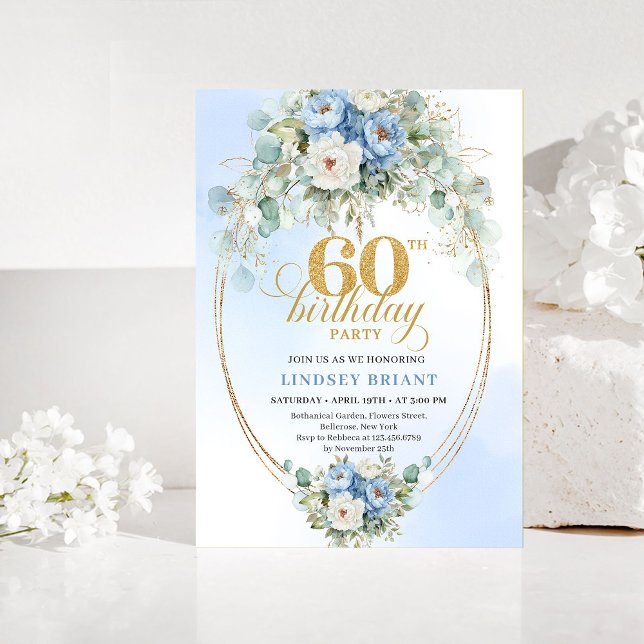 Rustik Blå Peony Guld 60-års Födelsedagsinbjudan Inbjudningar (Rustic Blue Peony Gold 60th Birthday Invitation)