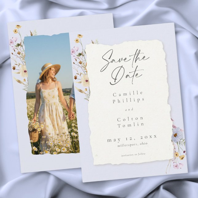 Rustik Blå Romantisk Vildblomma Bröllopsfoto Spara Datumet (Rustic Blue Romantic Wildflower Wedding Photo Save The Date)