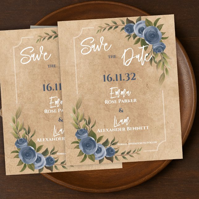 Rustik Blå Ros Blommig Bröllop Spara Datum (Rustic Blue Rose Floral Wedding Save the Date)