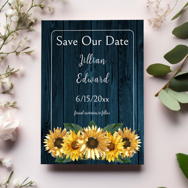 Rustik blå solrosa Spara datum Meddelande (Rustic Blue Sunflower Save the Date)