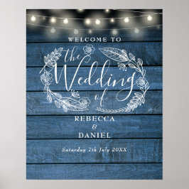 Rustik blå stränglyktor bröllop välkomstskylt poster