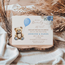 Rustik blå teddybjörn bebisshower ballong blomster inbjudningar