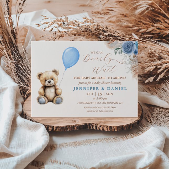 Rustik blå teddybjörn bebisshower ballong blomster inbjudningar (Skapare uppladdad)