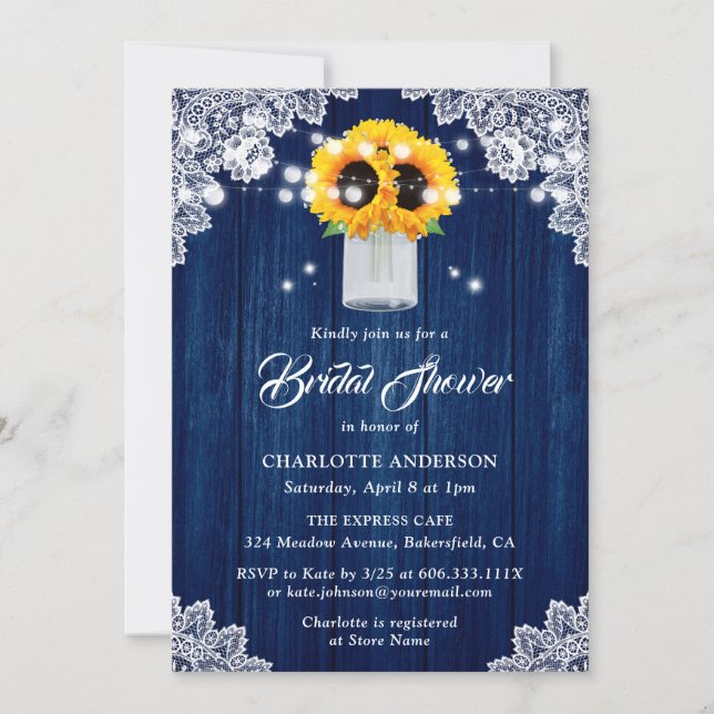 Rustik Blå Trä Spets Solros Bröllopsfest Inbjudningar (Framsida)