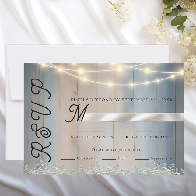 Rustik Blå Trä & Strängljus Bröllop RSVP-kort OSA Kort (Wedding rsvp card)