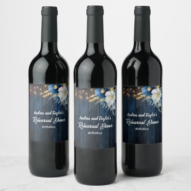 Rustik Blå Trä Vit Blommig Övningsmiddag Vinflaska Etikett (Flaskor)