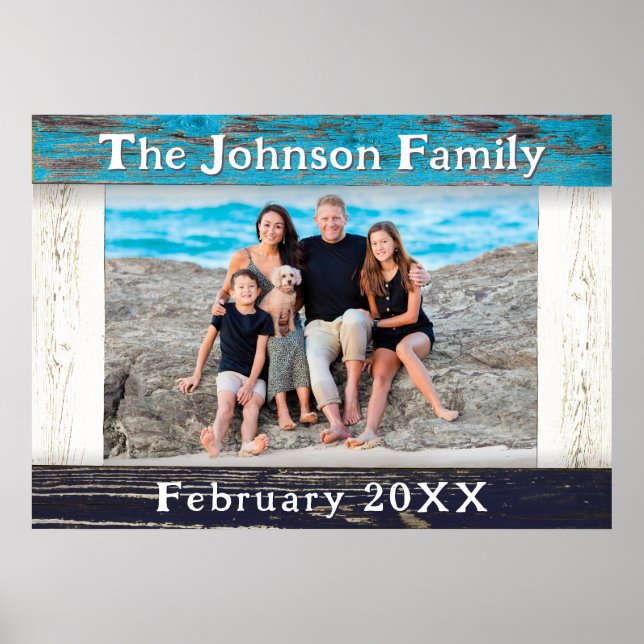 Rustik blå träram familjenamn foto poster (Framsidan)