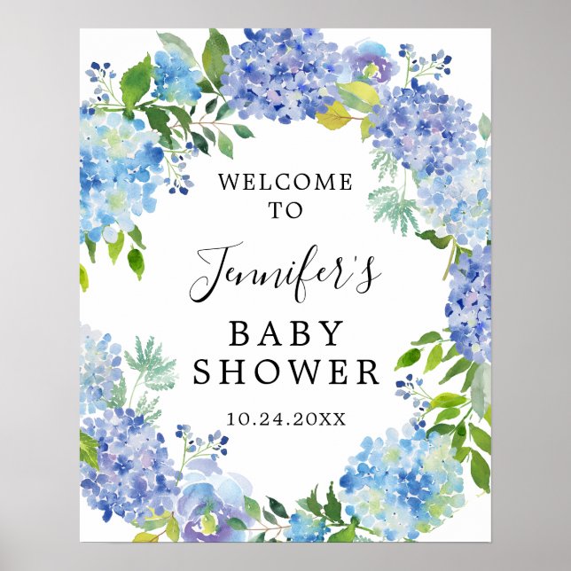 Rustik blå vattenfärg Hydrangea Baby Shower Poster (Framsidan)
