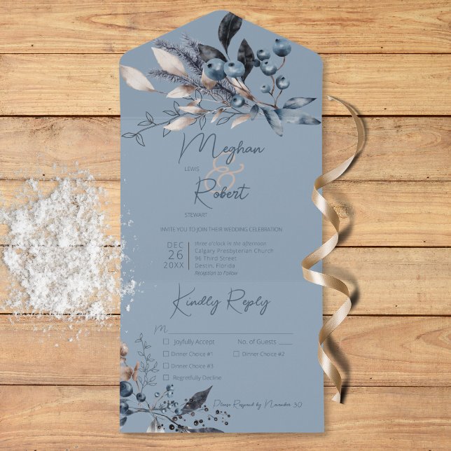 Rustik blå vinterblomma Blå tre middagar (Rustic Blue Winter Foliage Blue Three Dinner All In One Invitation)