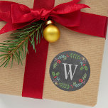 Rustik Black Chalkboard Monogram Helgdag Wandeene Runt Klistermärke<br><div class="desc">Rustik utformning av helgdag-dekaler i stil har en utandning av blommigten i skogen med en inledande monogram. Utandningen omfattar löv,  bär,  grenar i gräs träd och runt ram i brev. Bakgrunden har ett svart chalkboard-texturerat utseende. Utformningen omfattar röd,  dammig lila,  grönt,  isblått,  brunt,  grått och mjukt svart.</div>