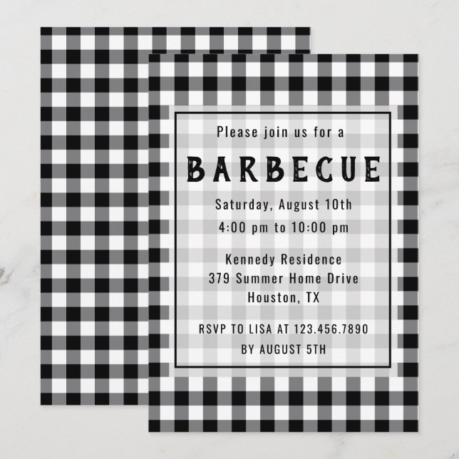 Rustik Black Gingham Farmhouse BBQ Party Inbjudningar (Fram/baksida)