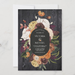Rustik Black Wood Autumn Blommigt Utandning Bröllo Inbjudningar