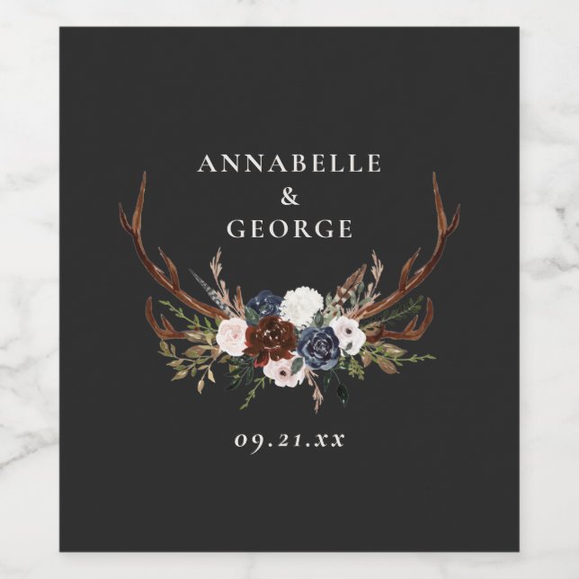 Rustik bladskikt, blommigt och bröllopsfest av fas vinflaska etikett (Singel etikett)