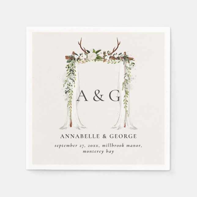Rustik bladstag, vit blommigt, kanopy bröllop pappersservett (Framsidan)
