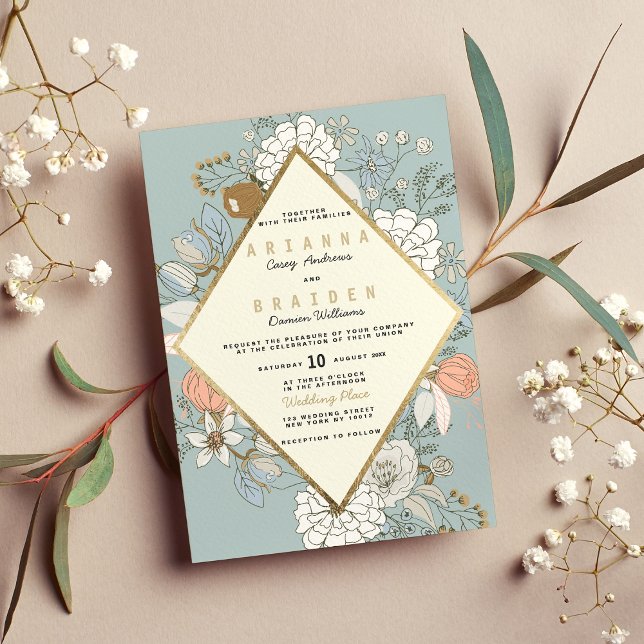  Rustik Blåkorall Guld-Blommigten Elfenbenskusten  Inbjudningar (Rustic Blush Blue Coral Gold Floral Ivory Wedding)