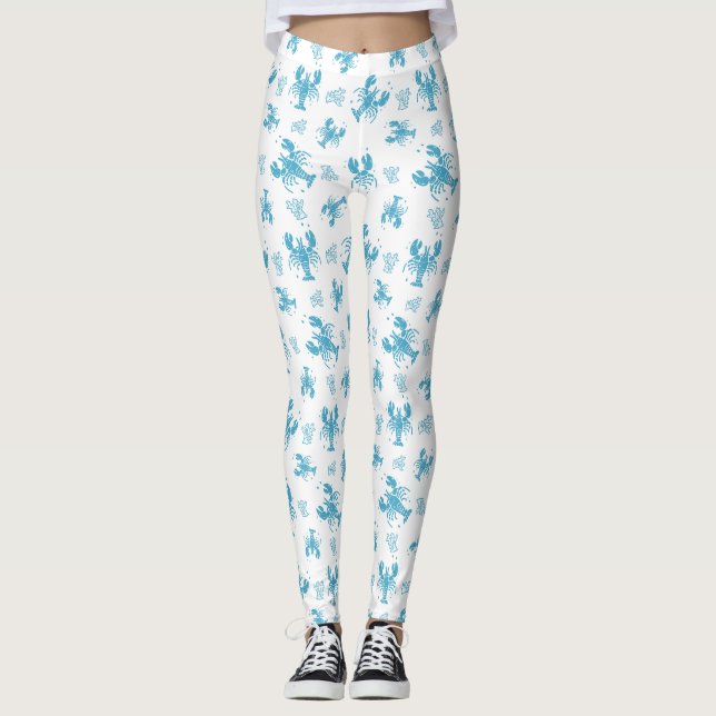 Rustik Blåmärla Blocktryck Mönster med Hummer Leggings (Framsida)