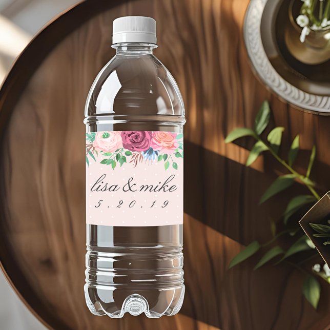 Rustik blombröllop rosa vattenflaskor etikett (Skapare uppladdad)