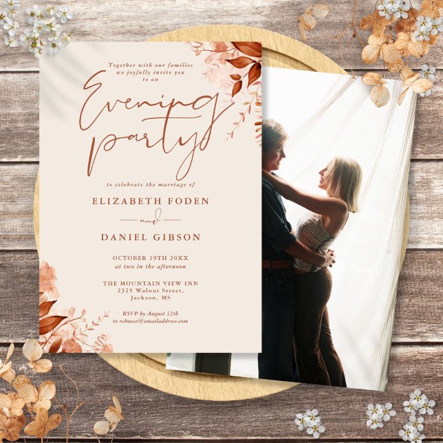 Rustik blomfoto bröllop kvällsfest inbjudningar (Rustic Floral Photo Wedding Evening Party Invitation)