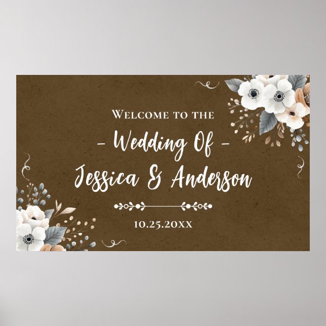 Rustik blomklädd wedding faux kraftpapperstextur poster (Framsidan)