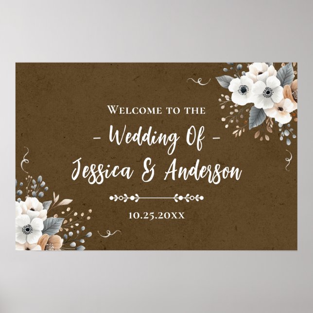 Rustik blomklädd wedding faux kraftpapperstextur poster (Framsidan)