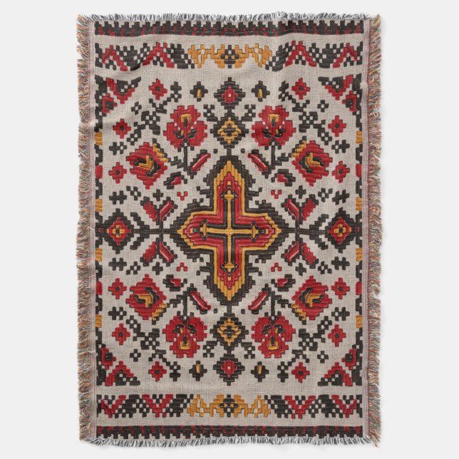 Rustik blomkorsstygns folkpattern filt (Framsidan Vertikal)