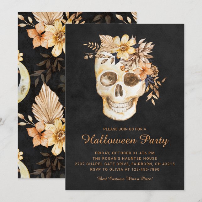 Rustik blomkraniell Halloweenfest Inbjudningar (Fram/baksida)