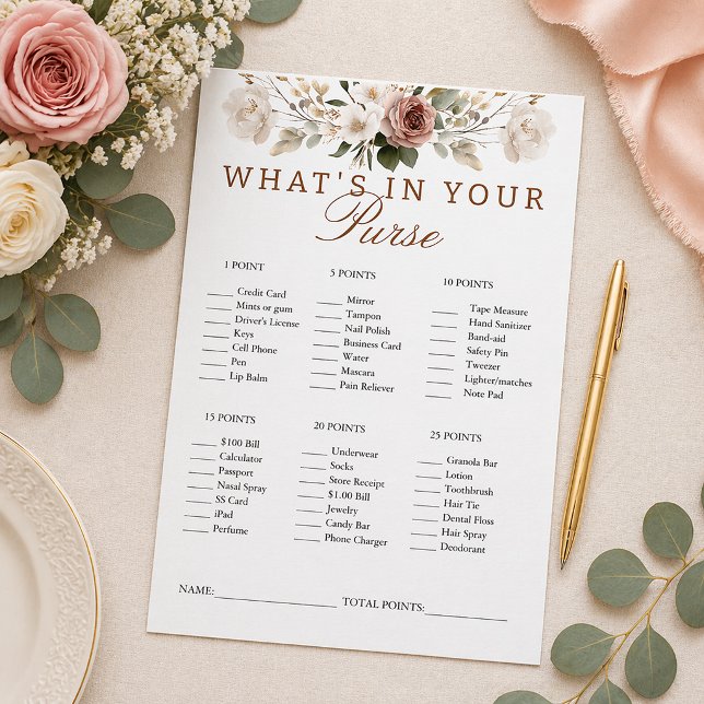 Rustik Blomma Vad Finns I Din Handväska Spelkort (Fun Bridal Shower Party Game)