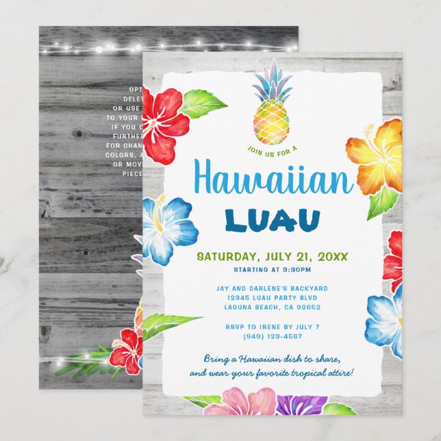 Rustik Blommig Akvarell Tropisk Hawaiiansk Luau Inbjudningar (Fram/baksida)