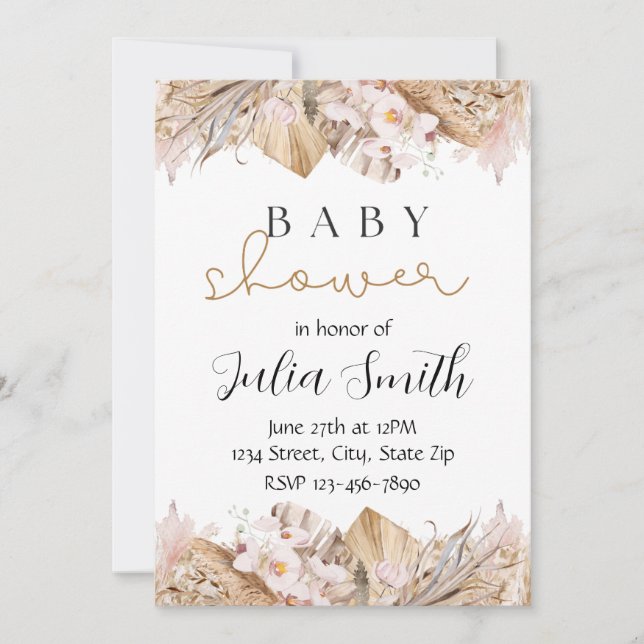 Rustik Blommig Baby Shower Inbjudan | Neutral Boho (Framsida)
