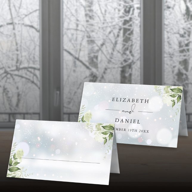 Rustik Blommig Grönska Vinter Snöflingor Bröllop Placeringskort (Rustic Greenery Floral Winter Snowflakes Wedding Place Card)