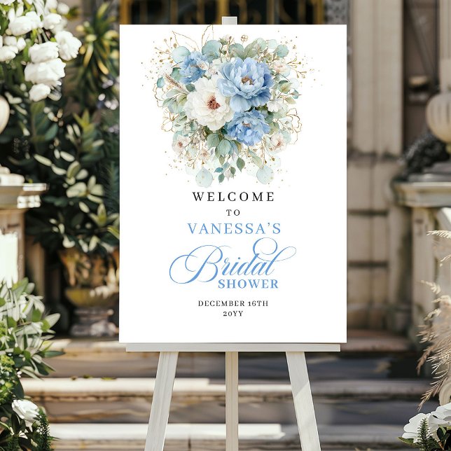 Rustik Blommig Grönskande Bröllopsdusch Välkommen Poster (Rustic Blue Floral Greenery Bridal Shower Welcome)
