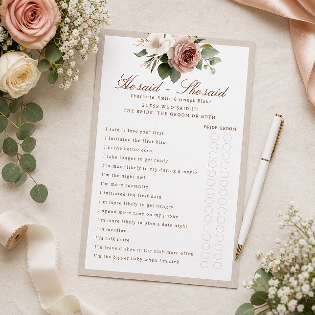 Rustik Blommig Han Sa Hon Sa Bröllopsduschspel (He Said - She Said, Fun Bridal Shower Game)