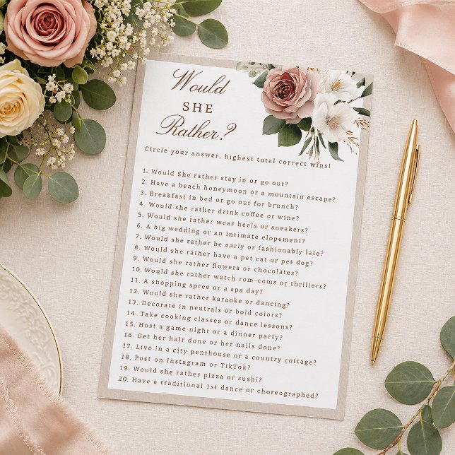 Rustik Blommig "Hellre Det Än Det" Bröllopsduschsp (Bridal Shower Game Card)