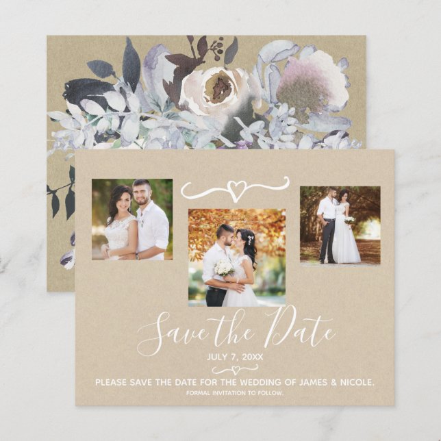 Rustik Blommig Kraft Save the Date Vattenfärgskort (Fram/baksida)