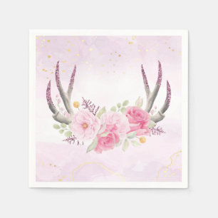 Rustik Blommigt Antlers Rosa & Guld Marble Pappersservett