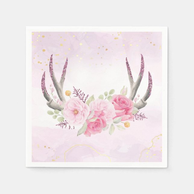 Rustik Blommigt Antlers  Rosa & Guld Marble Pappersservett (Framsidan)