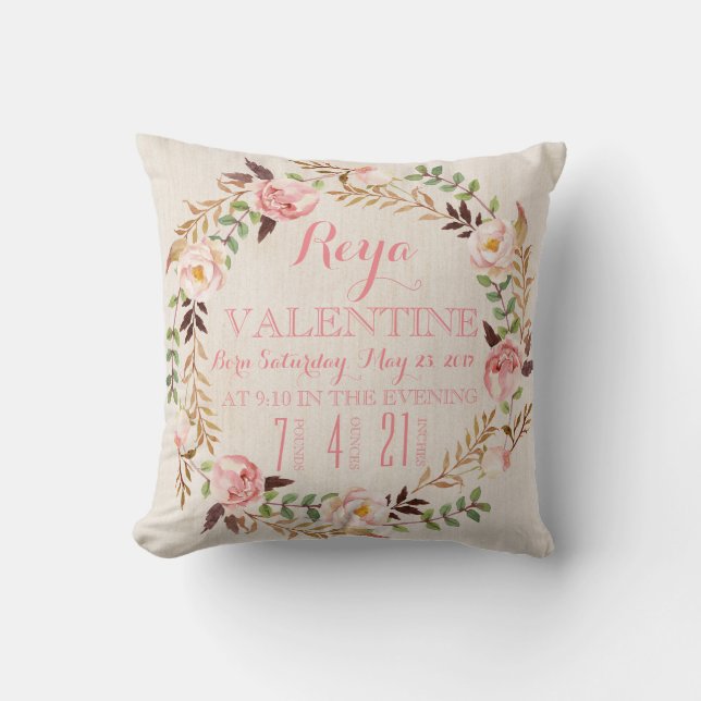 Rustik Blommigt Bohemian Birth Stats Pillow Kudde (Framsida)