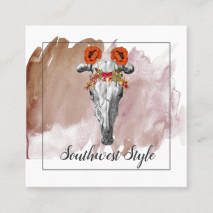Rustik Blommigt Boho Cow Skull & Earthy Watercolor Fyrkantigt Visitkort