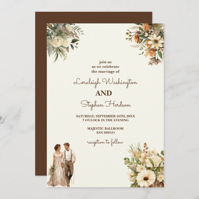 Rustik Blommigt Bröllop med modern elegans Inbjudningar (Fram/baksida)