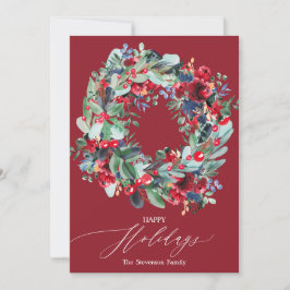 Rustik blommigt, burgundisk julkrans lycklig julkort