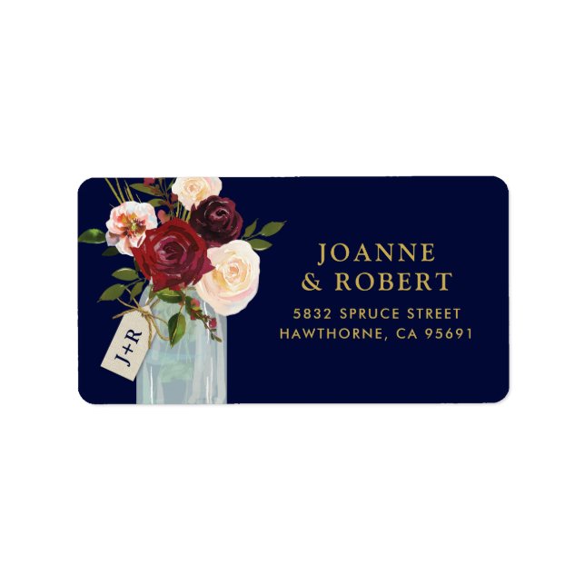 Rustik Blommigt Burgundy Guld Adressetikett (Framsidan)