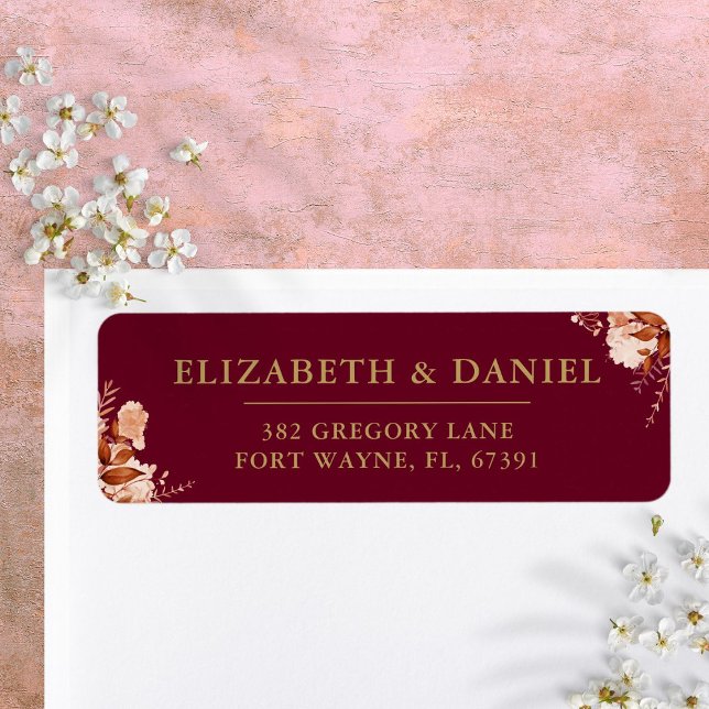 Rustik Blommigt Burgundy Guld Bröllop Returadress Returadress Etikett (Rustic Floral Burgundy Gold Wedding Return Address Label)