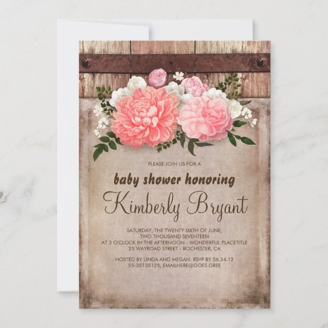 Rustik Blommigt Burlap Barn Wood Baby Shower Inbjudningar (Framsida)